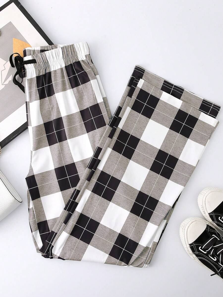 INAWLY Pantalones de cintura con cordón de cuadros