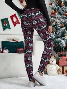SHEIN Maternity Adjustable Waist Christmas Print Leggings - Multicolor - View 2