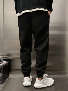 RueChic Men Solid Slant Pocket Drawstring Waist Sweatpants - Black - View 2