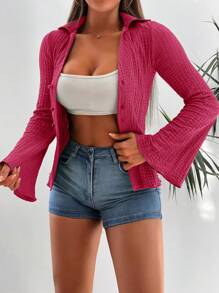 EURMUSE Solid Button Front Shirt - Hot Pink - View 4