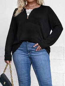 SHEIN LUNE Hơn Khóa kéo một phần tư Áo len - màu đen - Xem 3