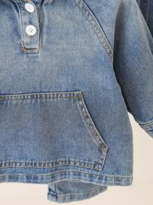 Baby Girl 2pcs Kangaroo Pocket Raglan Sleeve Hooded Denim Set - Medium Wash - View 7