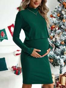SHEIN Maternity 1pc Mock Neck Ribbed Knit Bodycon Dress - Green - View 4