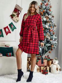 SHEIN Maternity Plaid Print Belted Dress - Red - View 5