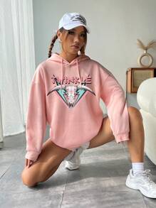 SHEIN EZwear Đồ họa Chữ cái Thả vai Dây rút Hoodie - Màu Hồng baby - Xem 4