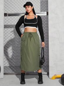 SHEIN EZwear Plus Flap Pocket Drawstring Waist Cargo Skirt - Army Green - View 5