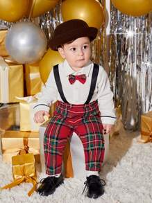 SHEIN Baby Boy Tartan Print Bow Front Shirt & Suspender Pants, For Christmas Autumn Winter Clothes FGirlmen - Multicolor - View 11