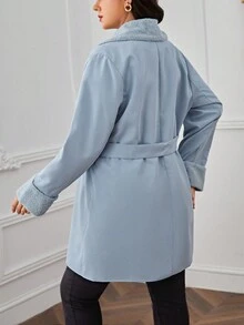 SHEIN Privé 大碼雙排扣束帶大衣 - 淺藍色 - 查看 2