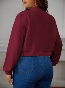 SHEIN Essnce Plus 1pc Valentine's Day Solid Zip Up Crop Bomber Jacket Spring To Summer - Burgundy - View 3