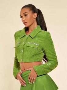 SHEIN BAE 翻蓋細節短款粗花呢花呢外套 - 綠色 - 查看 5