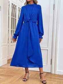 Chiquease Mock Neck Flounce Sleeve Knot Front Dress Fall Cloth For Women - Royal Blue - View 4