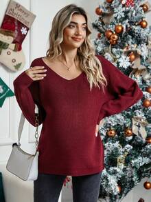 SHEIN Áo len trễ vai cổ chữ V dành cho bà bầu - Màu Đỏ Sâu - Xem 6