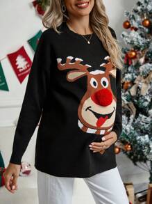 SHEIN Áo len trễ vai họa tiết nai sừng tấm dành cho bà bầu - màu đen - Xem 3