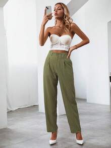 SHEIN Privé 條紋印花高腰西裝褲 - 綠色 - 查看 7
