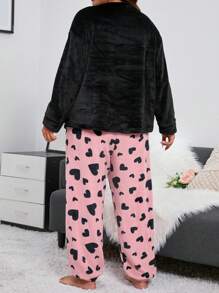 Conjunto de sudadera con cuello redondo de felpa gruesa bordada y pantalón de pijama con estampado de corazón de talla grande
