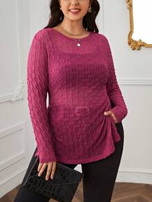 SHEIN Essnce 大碼素色下擺開叉上衣不附胸罩 - 玫紅色 - 查看 4