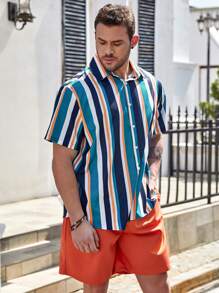 Genlund Men's Plus Size Loose-Fit Striped Print Shirt & Shorts Set - Blue - View 4