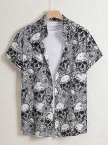 Hombres talla grande Camisa estampado de cráneo sin camiseta - Blanco y Negro - Ver 1