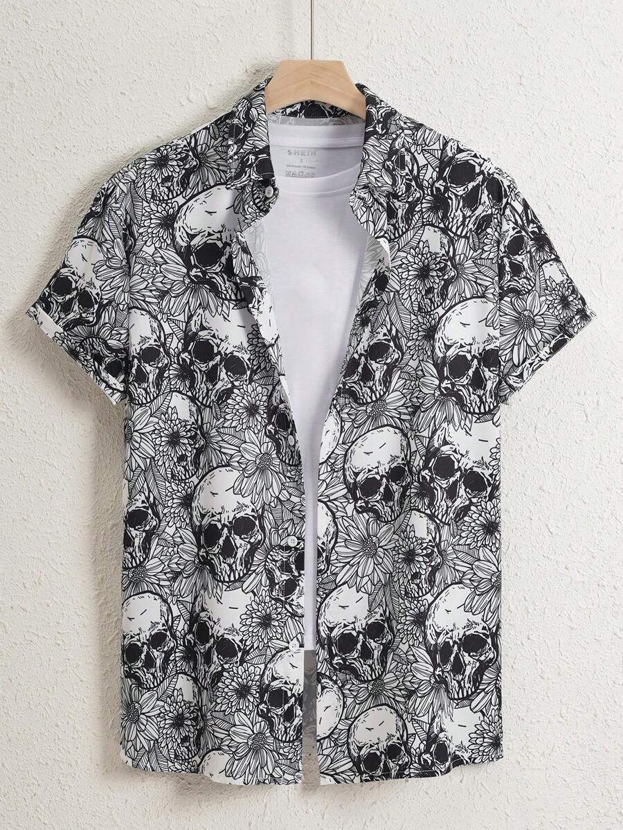 Hombres talla grande Camisa estampado de cráneo sin camiseta - Blanco y Negro - Ver 1