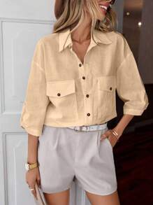 SHEIN Essnce Flap Pocket Roll Tab Sleeve Shirt - Khaki - View 1