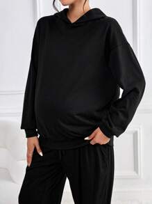 SHEIN Maternity Slogan Graphic Drop Shoulder Hoodie, For Winter - Black - View 5
