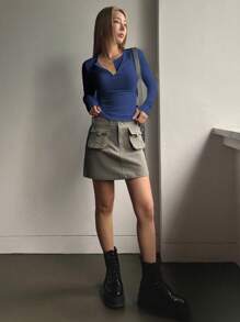 DAZY 半扣罗纹针织 T 恤，秋季服装，返校服装长袖女式上衣 - 藍色 - 查看 4