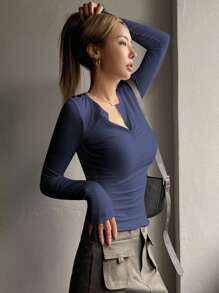 DAZY Half Button Ribbed Knit Tee,Fall Clothes Preppy Tops Long Sleeve Women Tops - Dusty Blue - View 4