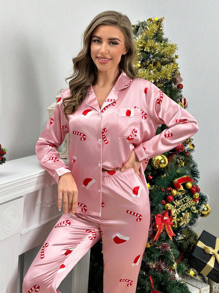Conjunto de pijama sombrero de Navidad con estampado ribete en contraste de satén - Rosa - Ver 7