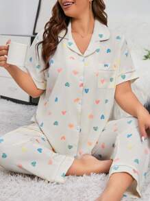 Miss Vinta Plus Heart Print Contrast Piping PJ Set / Pajama Set - Beige - View 1