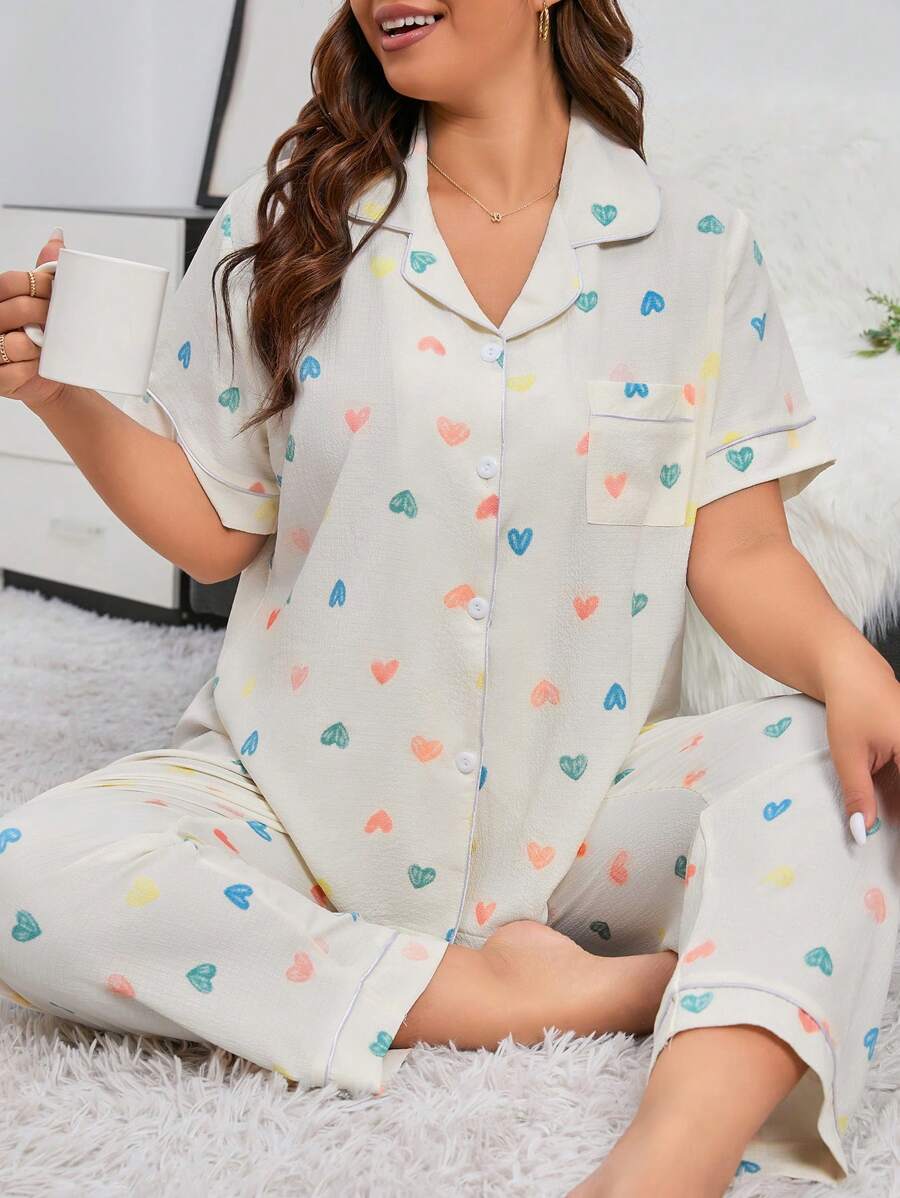 Miss Vinta Plus Heart Print Contrast Piping PJ Set / Pajama Set - Beige - View 1