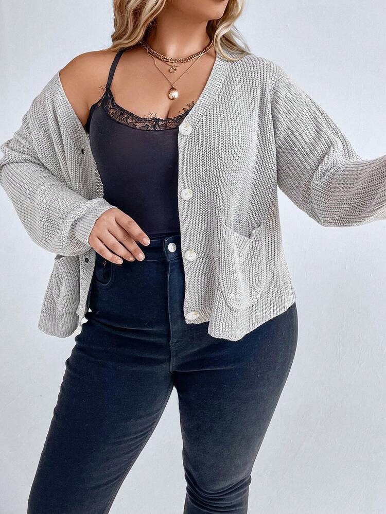Plus Dual Pocket Drop Shoulder Cardigan