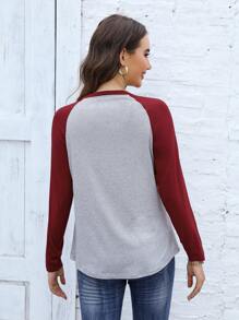 INAWLY Letter Graphic Raglan Sleeve Tee Graphic Tees Women Tops Fall Cloth For Women - Burgundy - View 2