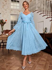 Simplee 女士优雅复古蕾丝喇叭下摆修身长袖连衣裙，适合婚礼、派对、生日等春季场合 - 藍色 - 查看 6