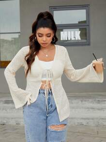 SHEIN Essnce Hơn Tie Trước Tay áo kèn  Áo Không có áo ngực - Màu be - Xem 3