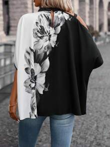SHEIN LUNE Blouse Imprimé Floral À Col Asymétrique Manches Chauve-Souris