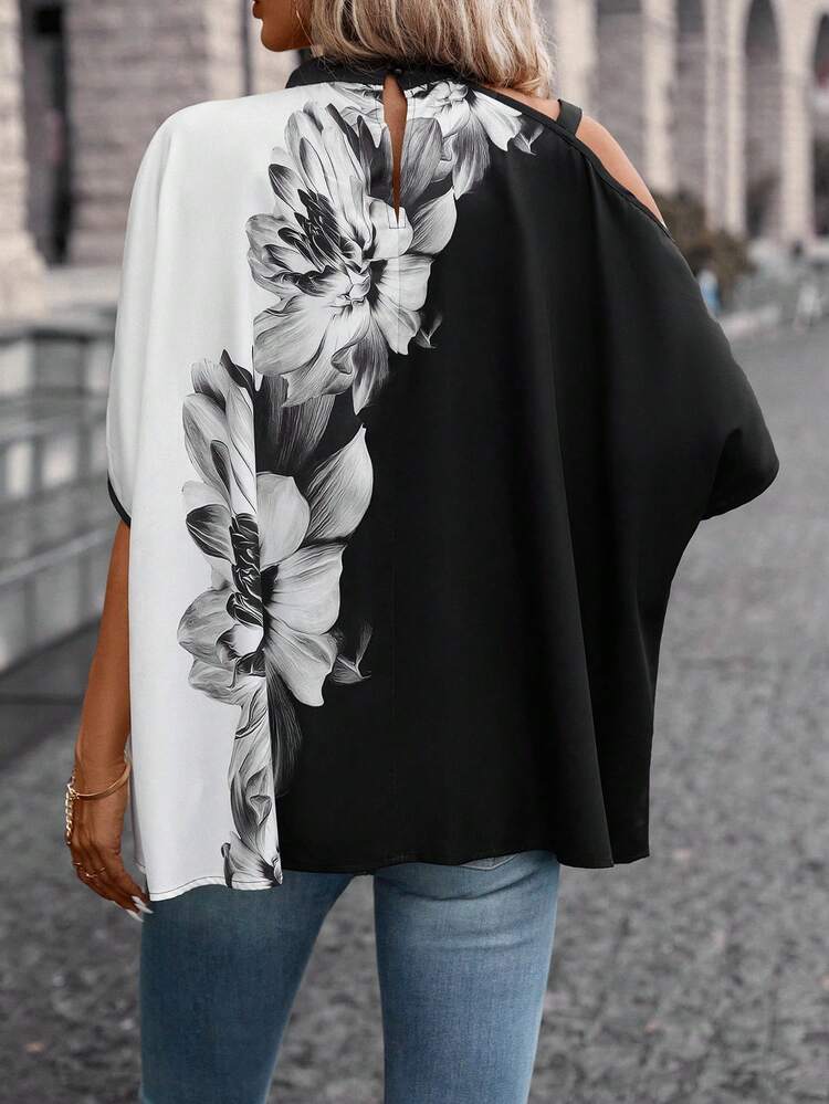 Floral Print Asymmetrical Neck Batwing Sleeve Blouse