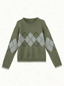 Argyle Plaid Drop Shoulder Sweater