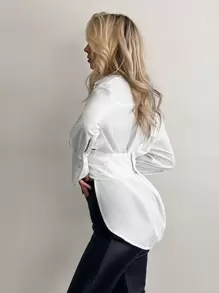 SHEIN Essnce 素色落肩袖交叉圍裹不對稱下擺襯衫 - 白色 - 查看 6