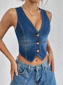 SHEIN EZwear Button Front Crop Denim Vest Jacket - Medium Wash - View 3