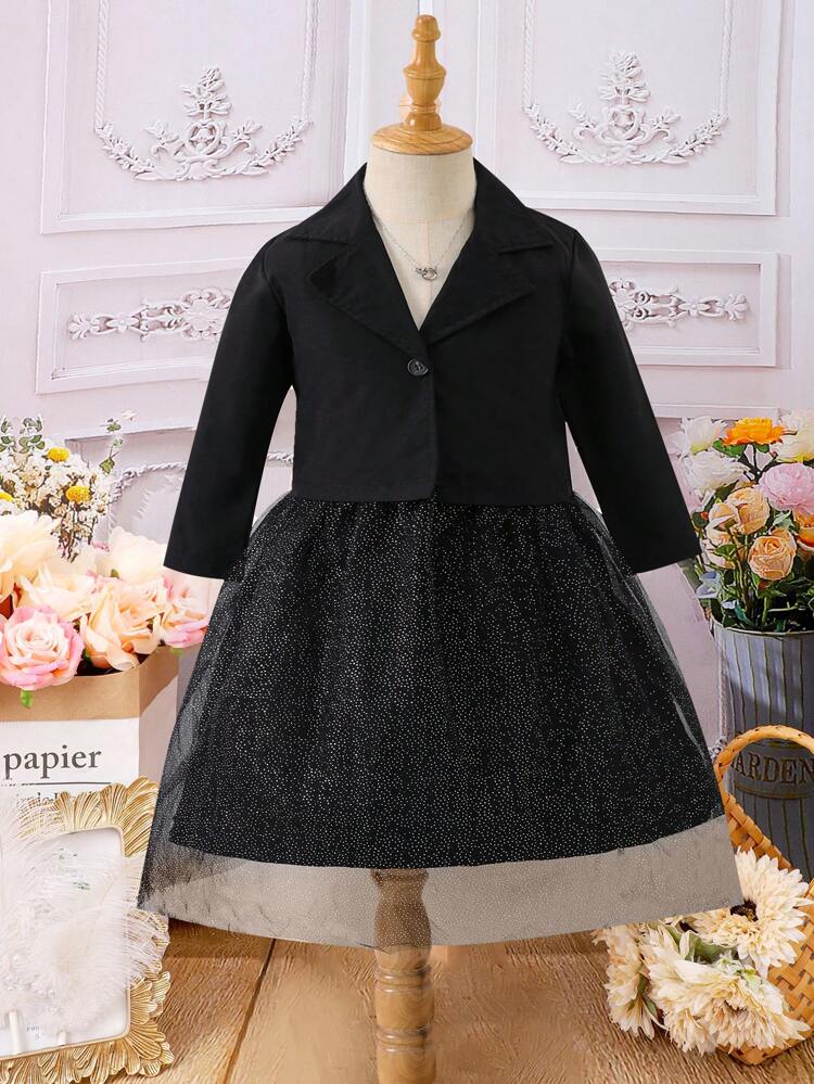 Young Girl Lapel Neck Single Button Jacket & Mesh Overlay Skirt