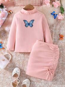 SHEIN Young Girl Butterfly Print Mock Neck Tee & Ruched Skirt - Pink - View 1