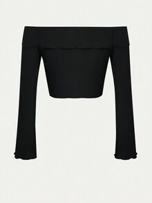 VaVaBold Off Shoulder Viền chia cắt Áo phông Crop - màu đen - Xem 2