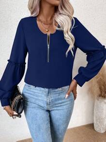 SHEIN LUNE 半拉鏈褶邊燈籠袖襯衫 - 藏蓝色 - 查看 3