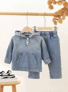 Baby Girl 2pcs Kangaroo Pocket Raglan Sleeve Hooded Denim Set - Medium Wash - View 1