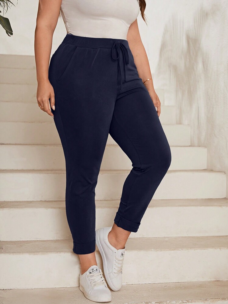 SHEIN Essnce 大碼腰部抽繩斜口袋緊身褲 - 藏蓝色 - 查看 3