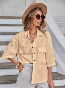 SHEIN Essnce Flap Pocket Roll Tab Sleeve Shirt - Khaki - View 5