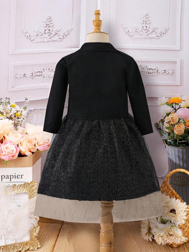 Young Girl Lapel Neck Single Button Jacket & Mesh Overlay Skirt