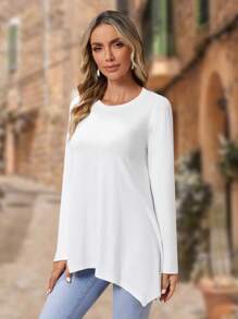 EMERY ROSE Solid Asymmetrical Hem Tee - White - View 6