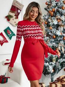 SHEIN Maternity Geo Pattern Belted Bodycon Sweater Dress With Long Sleeve, For Winter - Multicolor - View 5