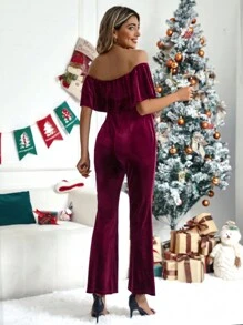 SHEIN Maternity Off Shoulder Ruffle Trim Belted Flare Leg Velvet Jumpsuit - Burgundy - View 2